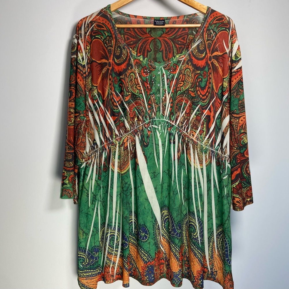 Vintage Faded Glory Empire Waist Top Y2K Beaded Fairy Western Hippie Artsy 3X
